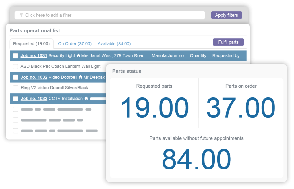 Parts operational list and parts status in inventory management feature