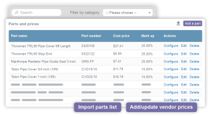Parts management overview showing parts prices
