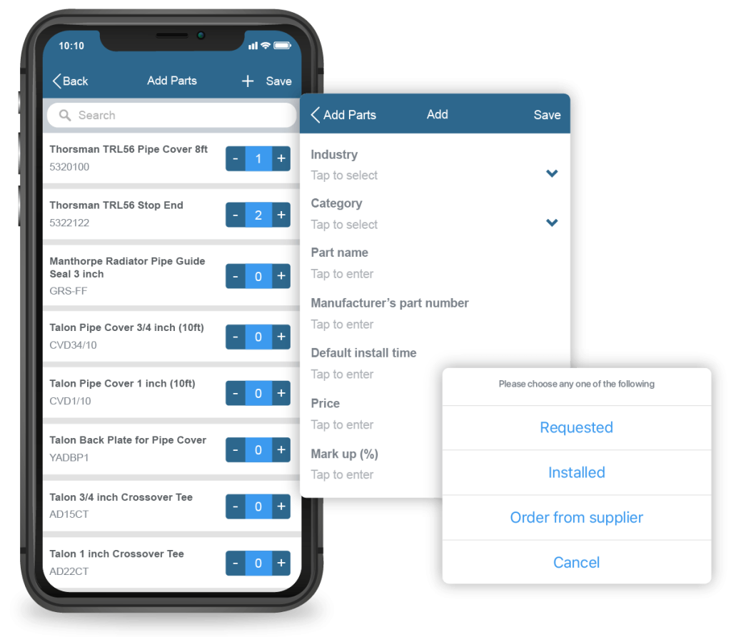 Adding parts in the mobile app