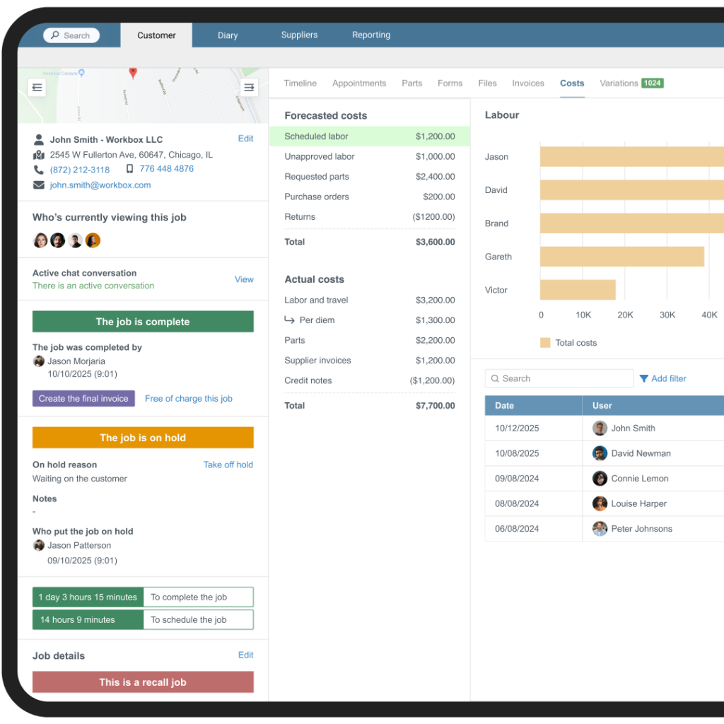 Job costing overview on customer profile