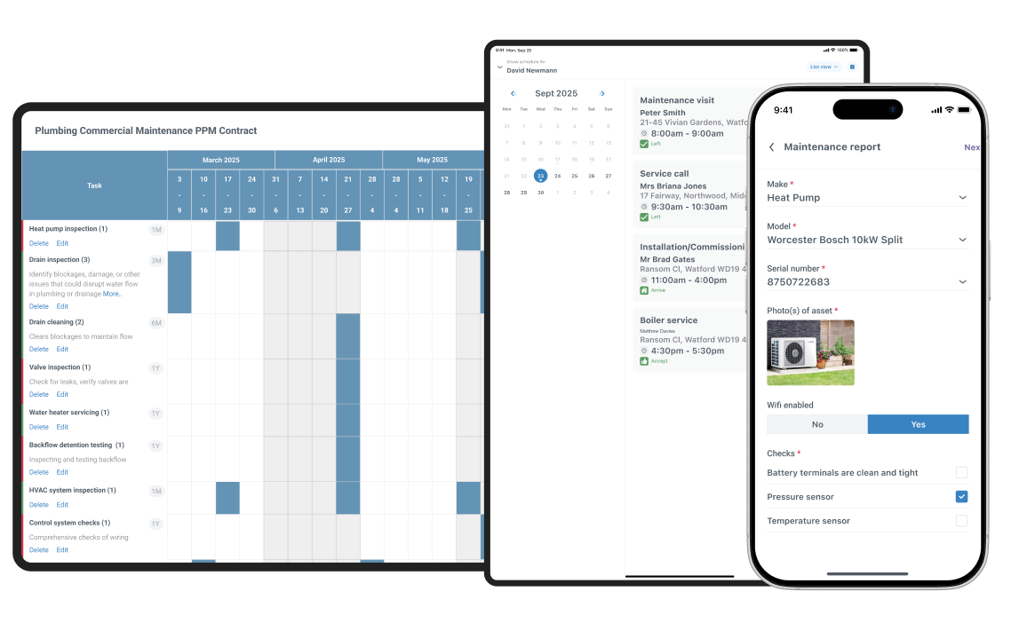 Maintenance contract schedule on desktop/laptop, and report on mobile