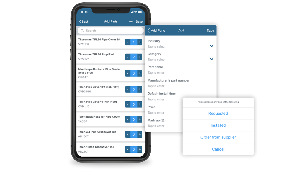 Adding/requesting parts functionality in asset management feature on mobile