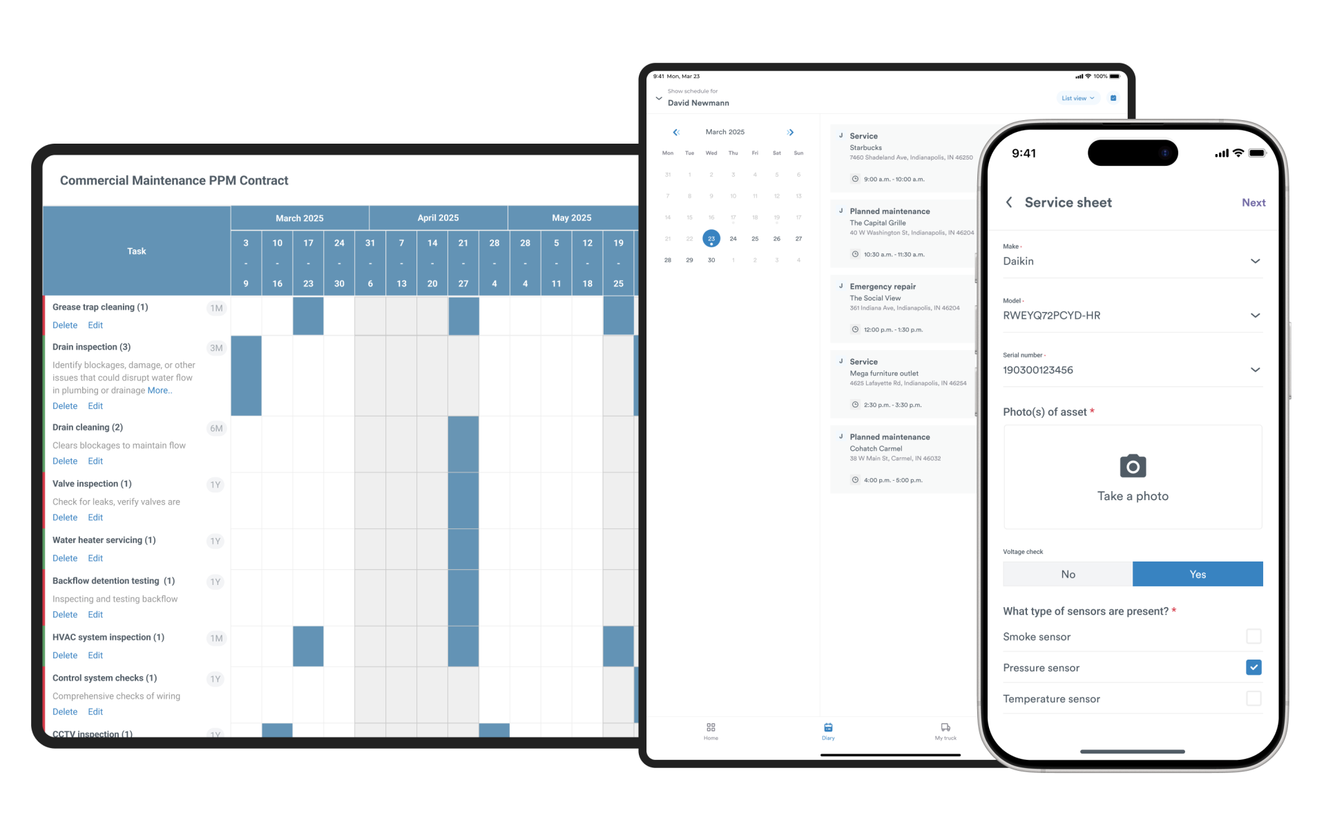 Drainage and plumbing PPM schedule view on desktop/mobile, and service sheet on mobile