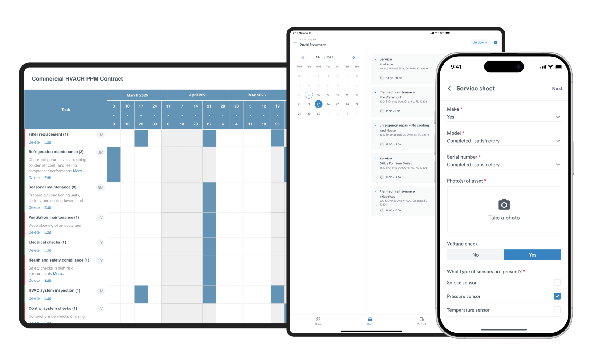 HVAC PPM schedule on desktop/tablet, and service sheet on mobile